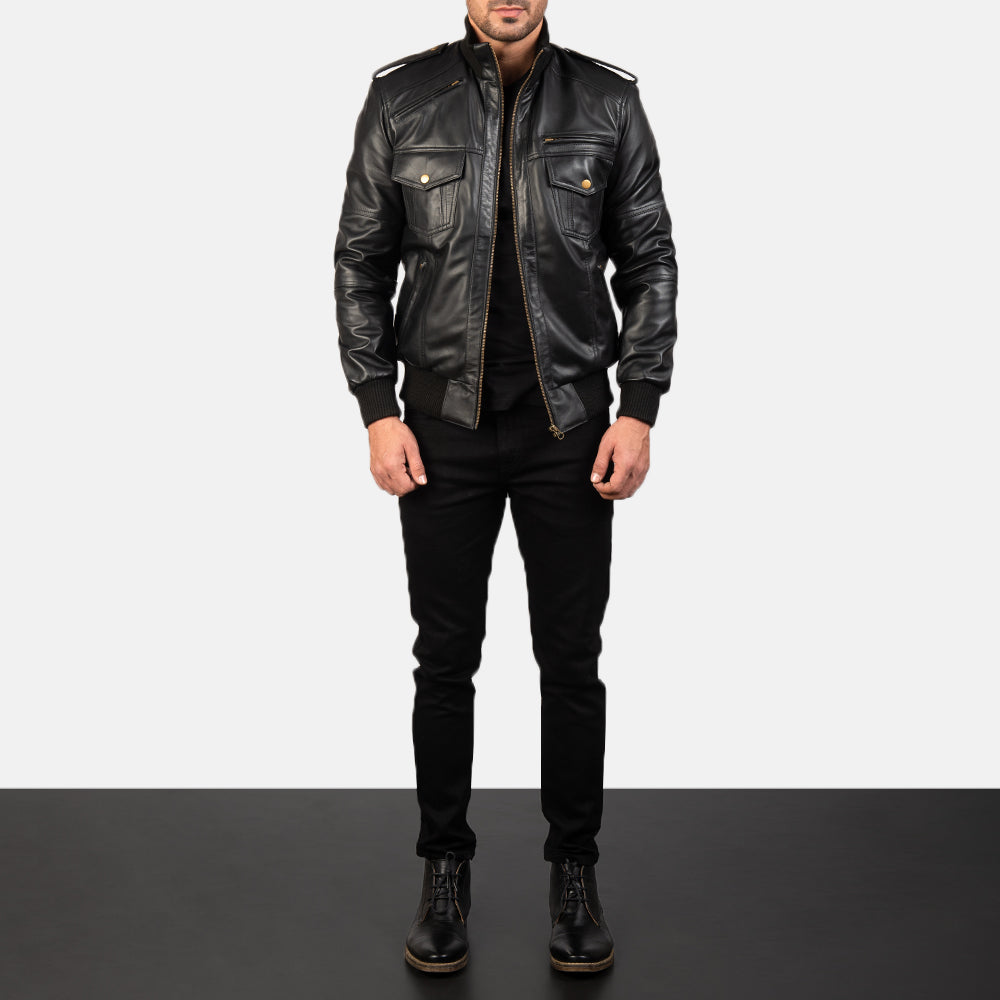 ShadowForm Men Black Bomber Leather Jacket