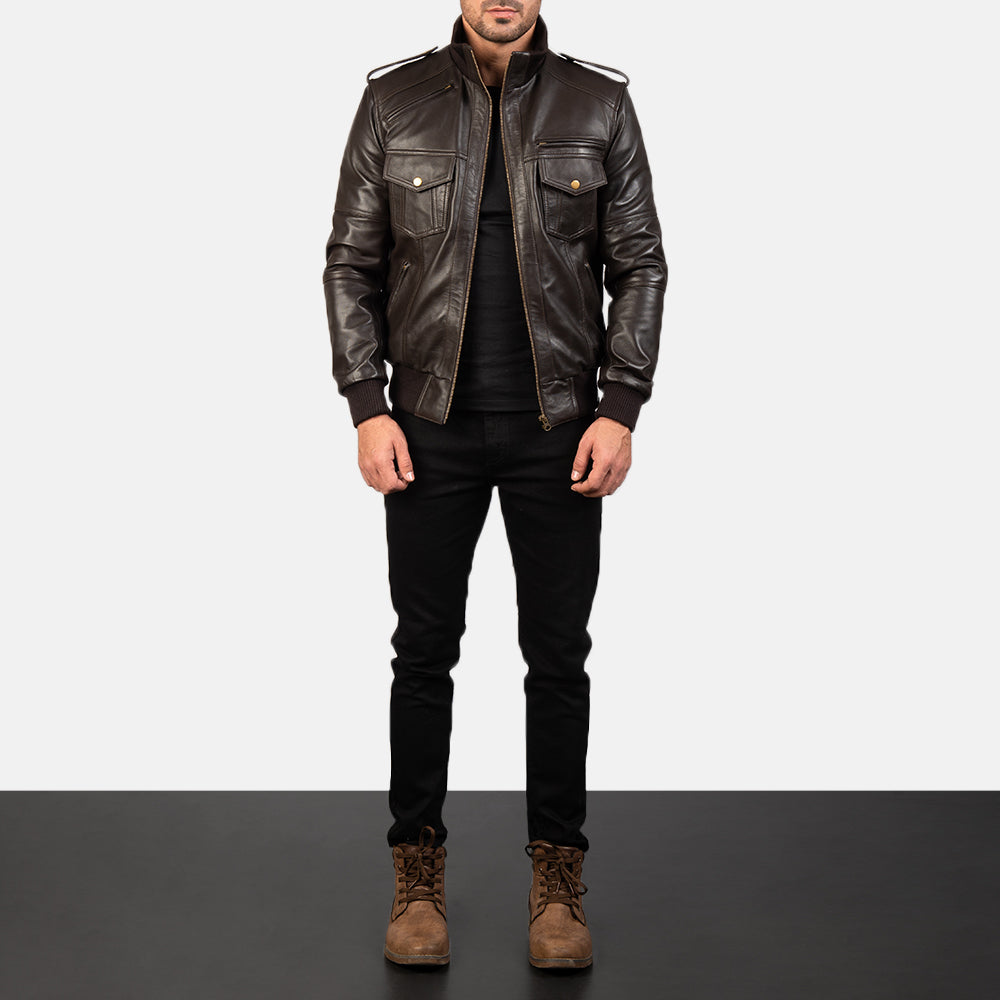 ShadowForm Men Brown Bomber Leather Jacket