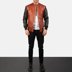 Avan Leather Bomber Jacket In Black And Maroon