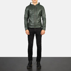 Baston Green Leather Hooded Bomber