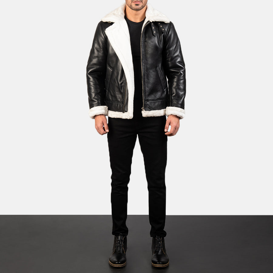B-3 Black White Premium Leather Aviator Jacket