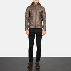 Hector Hooded Leather Biker Jacket In Brown