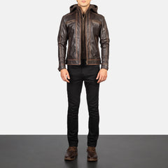Hector Vintage Hooded Leather Biker Jacket In Brown