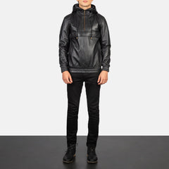 Kenton Hooded Pullover Jacket In Black Leather