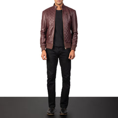 Moda Leather Bomber Jacket In Maroon