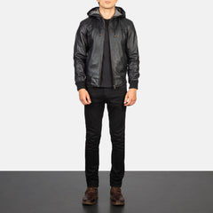 Nintenzo Hooded Leather Bomber Jacket In Black