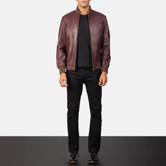Shane Leather Bomber Jacket In Maroon