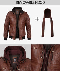 Men's Tall Brown Leather Bomber Jacket with Hood