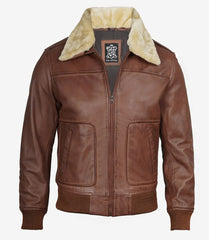Men's Cognac Leather Bomber Jacket with Detachable Fur Collar