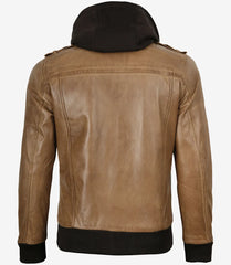 Men's Camel Brown Bomber Leather Jacket with Detachable Hood