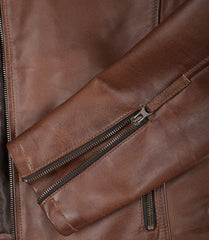 Men's Cognac Leather Biker Style Jacket with Dual Stripe Accents
