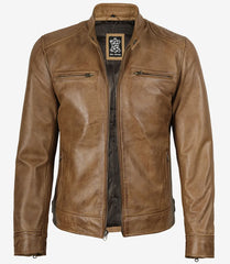 Men's Camel Brown Genuine Leather Biker Jacket