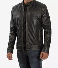 Men's Tall Distressed Brown Leather Jacket in Biker Style