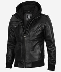 Men's Black Leather Bomber with a Fully Removable Hood