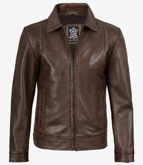 Reeves Men's Brown Leather Jacket with Shirt Collar Detail