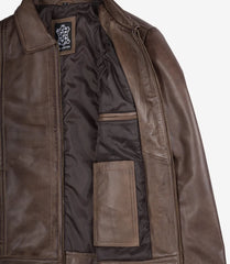 Reeves Men's Brown Leather Jacket with Shirt Collar Detail