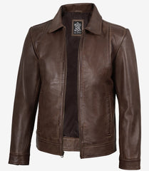 Reeves Men's Brown Leather Jacket with Shirt Collar Detail
