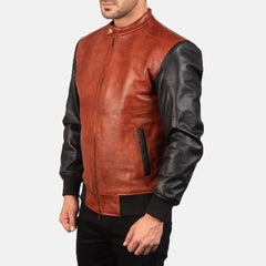 Avan Leather Bomber Jacket In Black And Maroon
