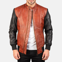 Avan Leather Bomber Jacket In Black And Maroon