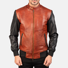 Avan Leather Bomber Jacket In Black And Maroon