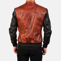 Avan Leather Bomber Jacket In Black And Maroon