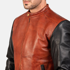 Avan Leather Bomber Jacket In Black And Maroon