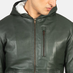 Baston Green Leather Hooded Bomber