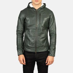 Baston Green Leather Hooded Bomber