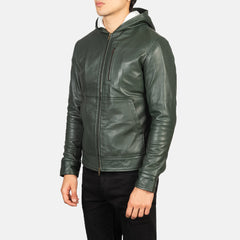 Baston Green Leather Hooded Bomber
