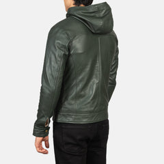 Baston Green Leather Hooded Bomber