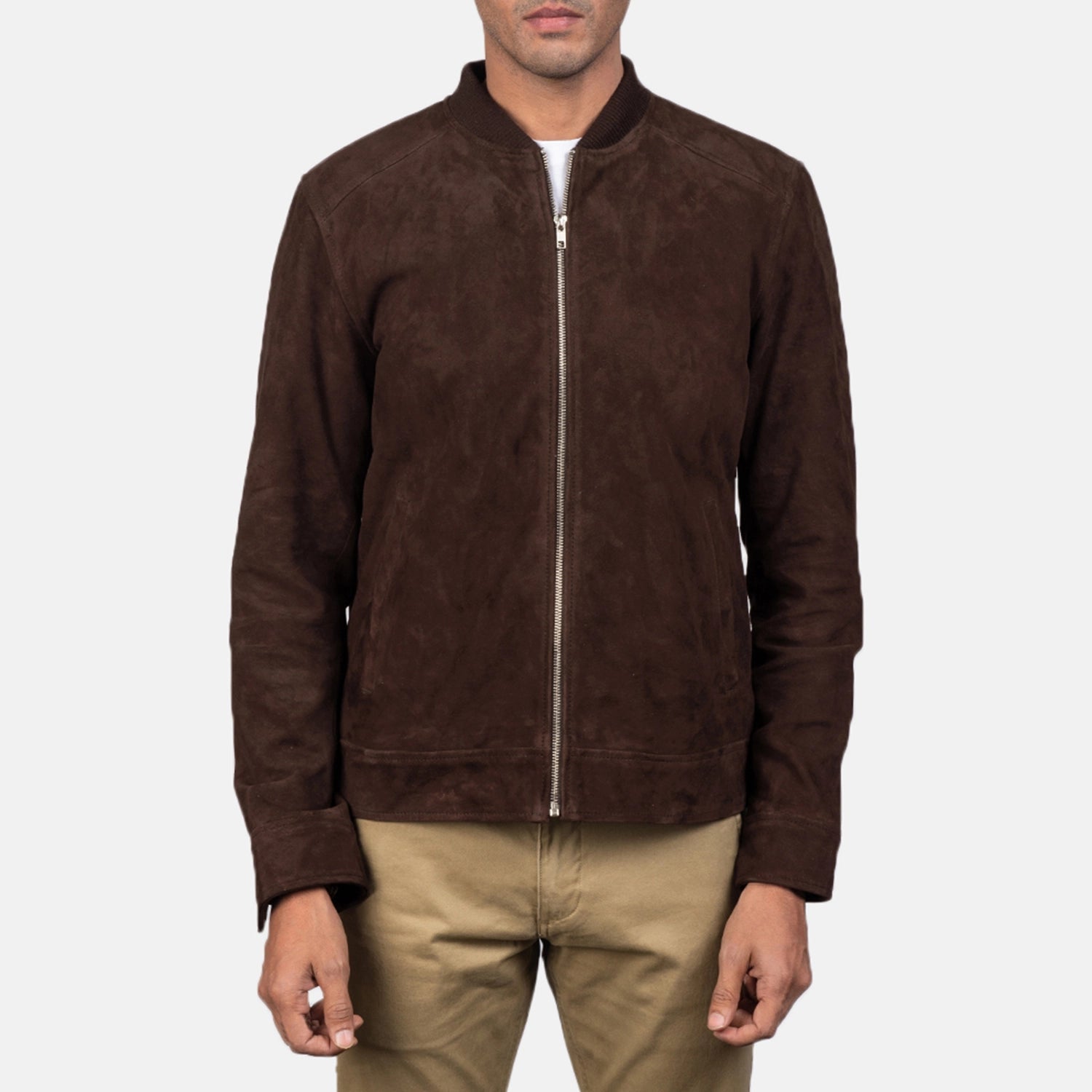Classic Mocha Brown Suede Bomber Jacket