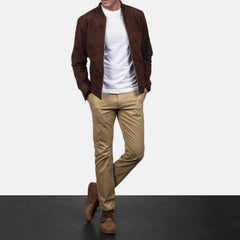 Classic Mocha Brown Suede Bomber Jacket
