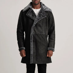 Charles Distressed Black Double-Breasted Shearling Coat