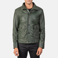 Columbus Leather Bomber Jacket In Green