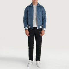 Cooper Leather Varsity Jacket In Blue
