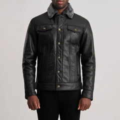 Dallis Leather Shearling Trucker Jacket In Black