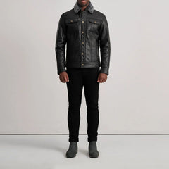 Dallis Leather Shearling Trucker Jacket In Black