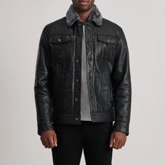 Dallis Leather Shearling Trucker Jacket In Black