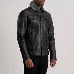 Dallis Leather Shearling Trucker Jacket In Black
