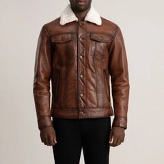 Dallis Leather Shearling Trucker Jacket In Brown