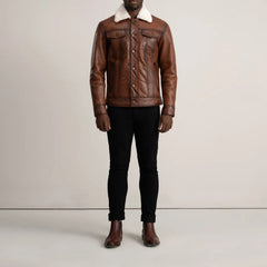 Dallis Leather Shearling Trucker Jacket In Brown