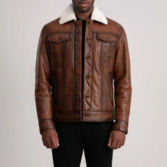 Dallis Leather Shearling Trucker Jacket In Brown