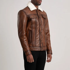 Dallis Leather Shearling Trucker Jacket In Brown