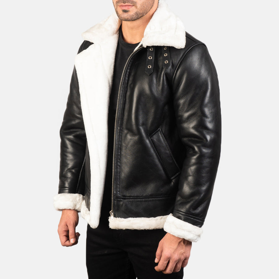 B-3 Black White Premium Leather Aviator Jacket