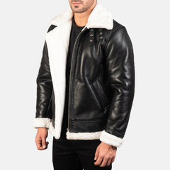 B-3 Black White Premium Leather Aviator Jacket