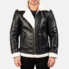 B-3 Black White Premium Leather Aviator Jacket
