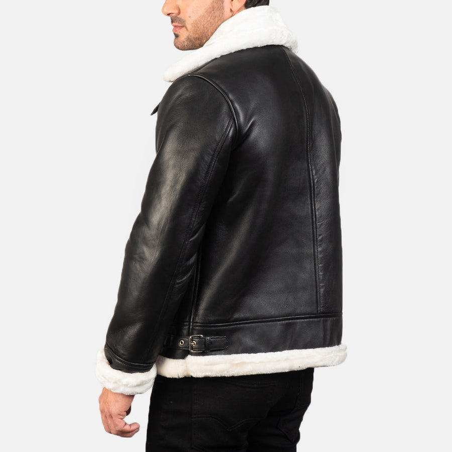 B-3 Black White Premium Leather Aviator Jacket