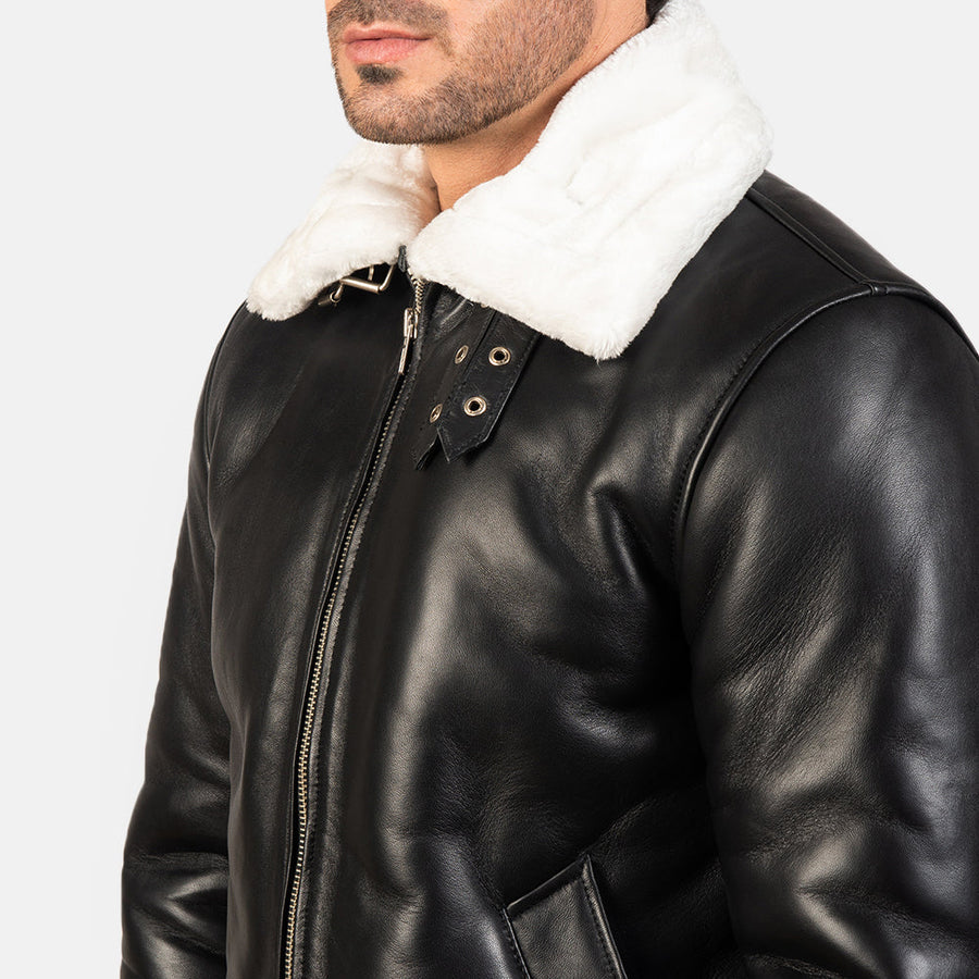 B-3 Black White Premium Leather Aviator Jacket