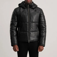 Gordon Hooded Leather Puffer Jacket In Black