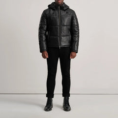 Gordon Hooded Leather Puffer Jacket In Black
